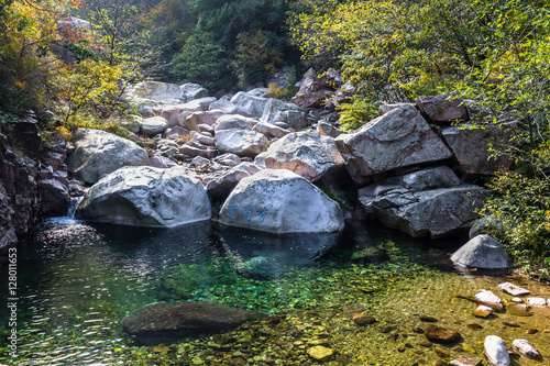 Bei Jiu Shui trail in Autumn  Laoshan Mountain  Qingdao  China. Bei Jiu Shui is famous for the many pools of crystal clear water and it s waterfalls  