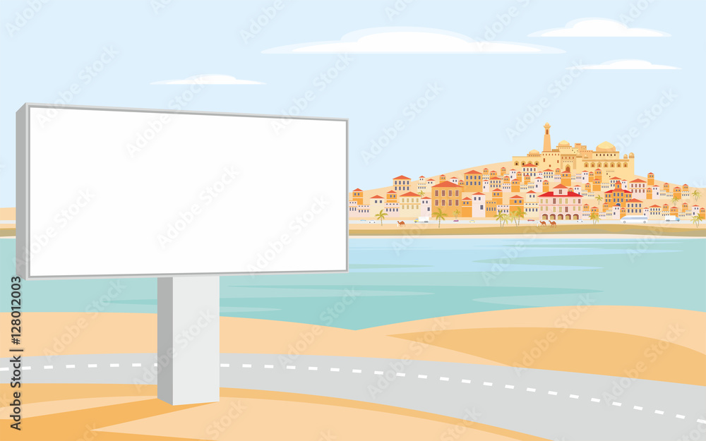 The image of the Billboard on the background of a coastal town. Vector background with the image of the sea coast and small houses. 