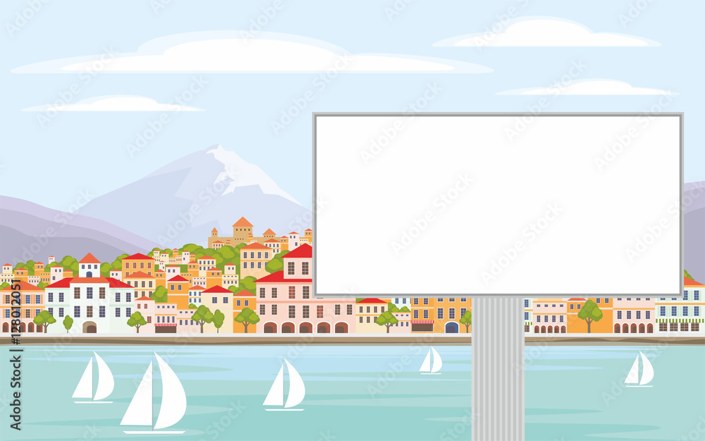 The image of the Billboard on the background of a coastal town. Vector background with the image of the sea coast and small houses. 