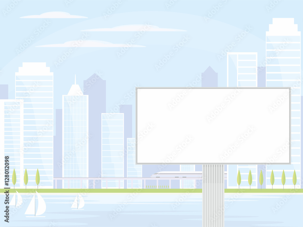 The image of the Billboard on the background of a modern coastal city. Cityscape with tall buildings, skyscrapers and high speed rail. The image of the Billboard on the background of a modern coastal city. Cityscape with tall buildings, skyscrapers and high speed rail.