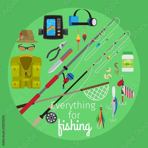 Everything for fishing vector cartoon illustration in circle shape on the geen background