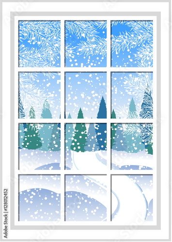 winter Christmas window with a view of the snowy forest. Christmas card.