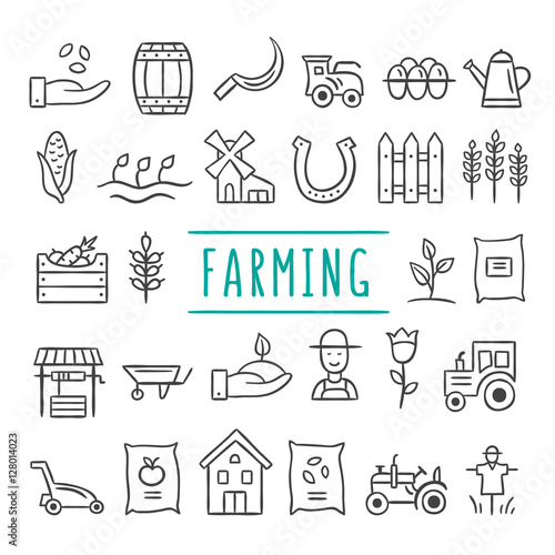 Hand drawn farming and gardening icons. Sketch farming doodles illustrations