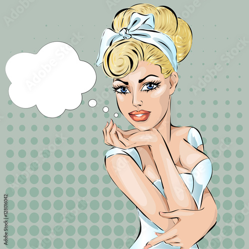 Sexy pin-up woman with speech bubble. Vector pop art comics retro style illustration