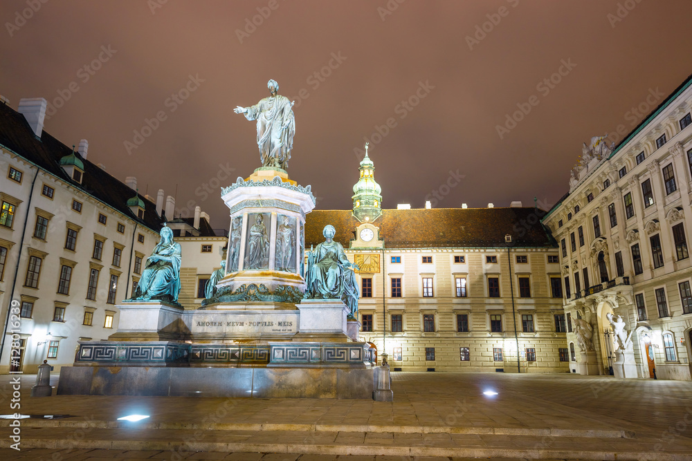 Night voew of Monument to Emperor Franz I of Austria in the Innerer Burghof in Vienna, Austria
