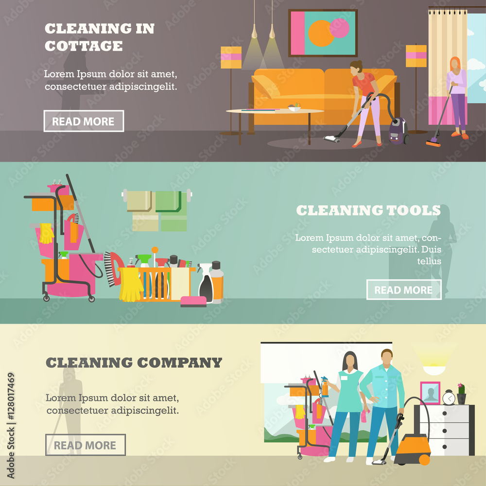 Vector set of cleaning service concept banners in flat style