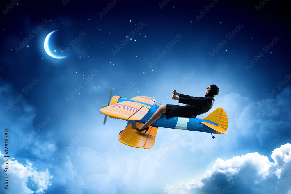 Woman in drawn airplane . Mixed media Woman in drawn airplane . Mixed media