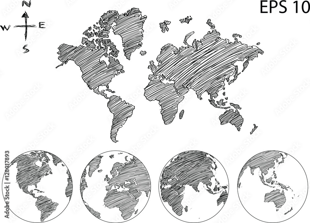 Earth Globe with World map Detail Vector Line sketch Up Illustrator, EPS 10.