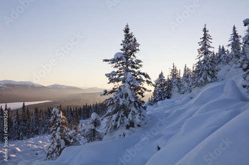 View mountain range Zyuratkul, winter sunset landscape