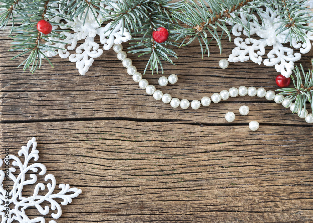 Fototapeta premium Christmas decorations on wooden background