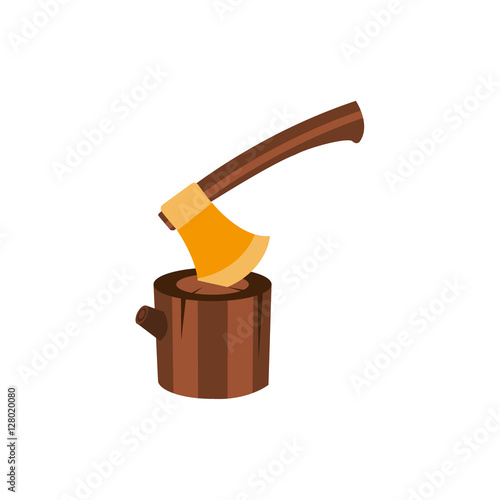 Lumberjack Axe Stuck In Block Of Wood, Camping And Hiking Outdoor Tourism Related Item Isolated Vector Illustration