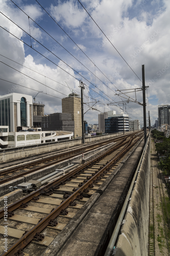BTS, sky train railroad with cloudy sky. BTS, sky train railroad with cloudy sky.