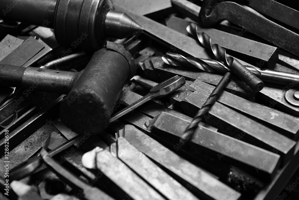 Tool of Obsolete lathe. Black-and-white photo. Tool of Obsolete lathe. Black-and-white photo.
