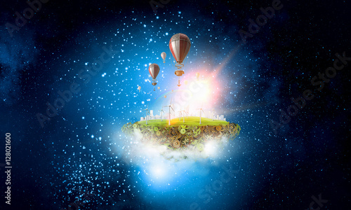 фотографія Abstract collage. Floating Island with baloons. . Mixed media