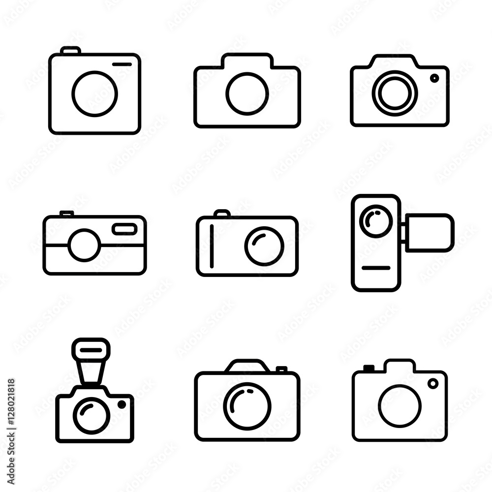 thin line camera icons set on white background thin line camera icons set on white background