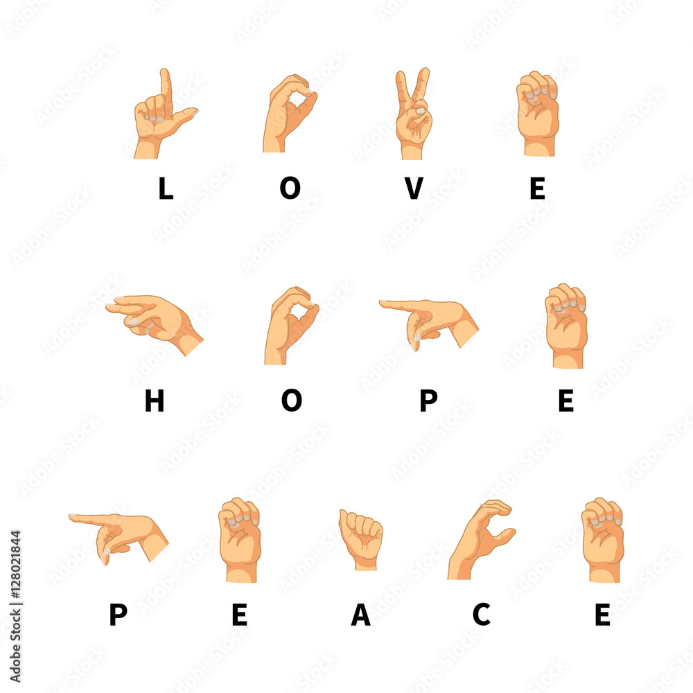 © EvgeniyBobrov - Love, hope and peace words on hand language