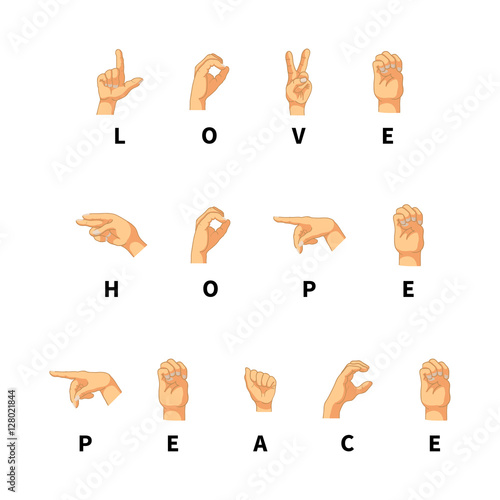 Love, hope and peace words on hand language