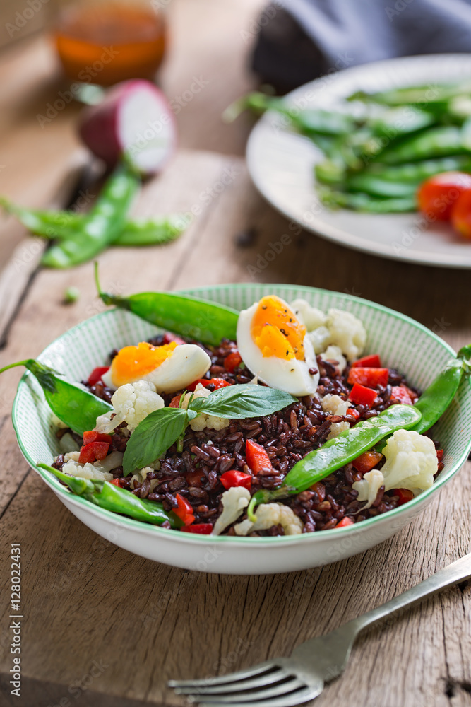 Rice with Boiled egg and Snow pea salad Rice with Boiled egg and Snow pea salad