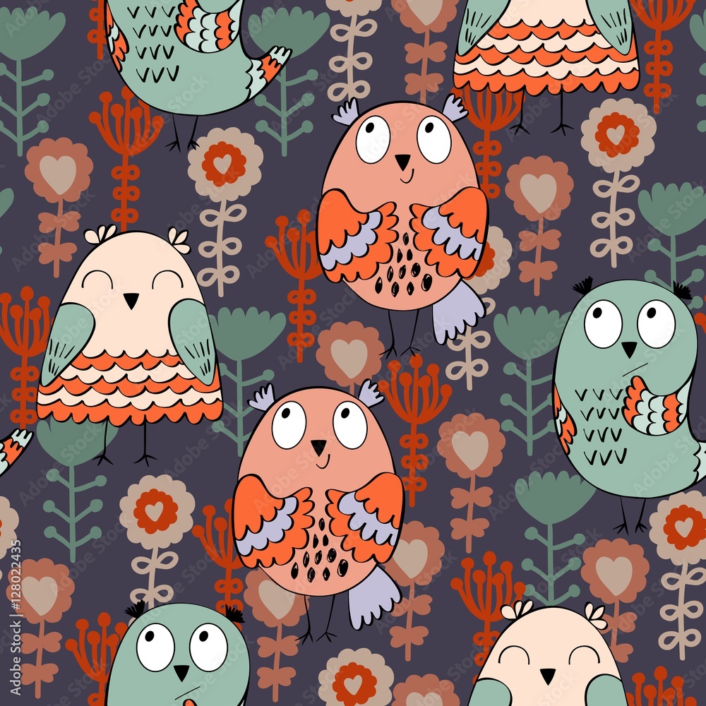 Fototapeta premium Vector seamless pattern with owls and flowers