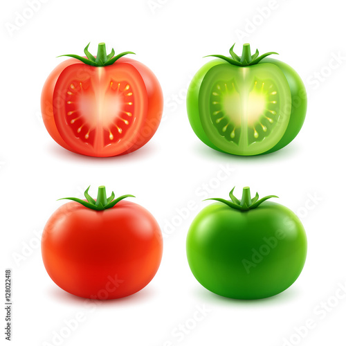 Set of Ripe Red Green Cut Whole Tomatoes Close up