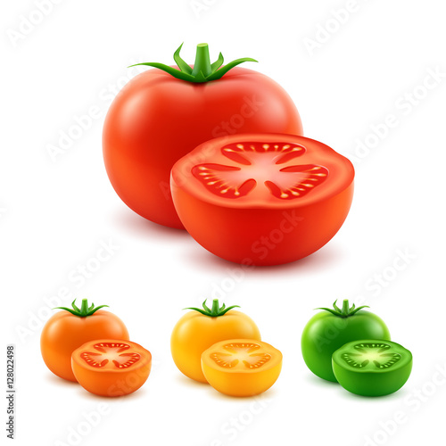 Set of Red Prange Yellow Green Cut Whole Tomatoes Isolated