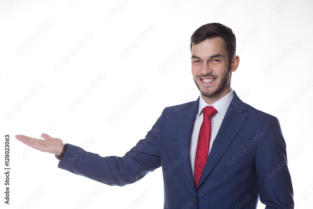 Caucasian businessman with hand presentation Caucasian businessman with hand presentation