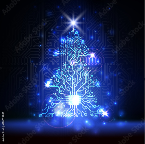 Vector abstract lighting blue technology Christmas tree made of digital electronic circuit board and microchip