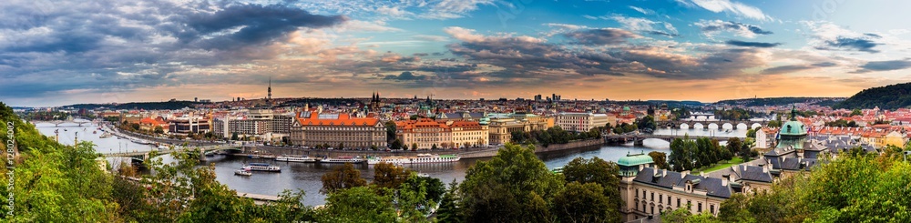 Panorama of Prague with Vltava river and Prague Bridges, high resolution image.