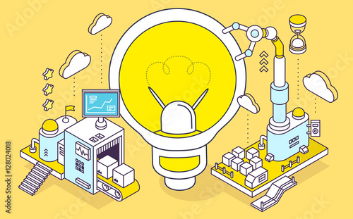 Vector illustration of light bulb and three dimensional mechanis
