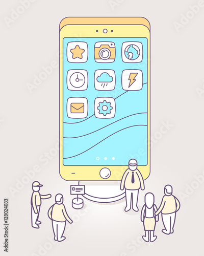 Vector illustration of big phone with apps on screen standing on