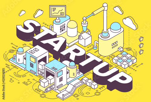 Vector illustration of word startup and three dimensional mechan
