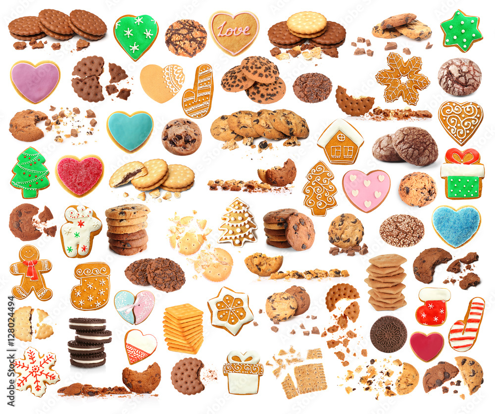 Set of delicious cookies on white background