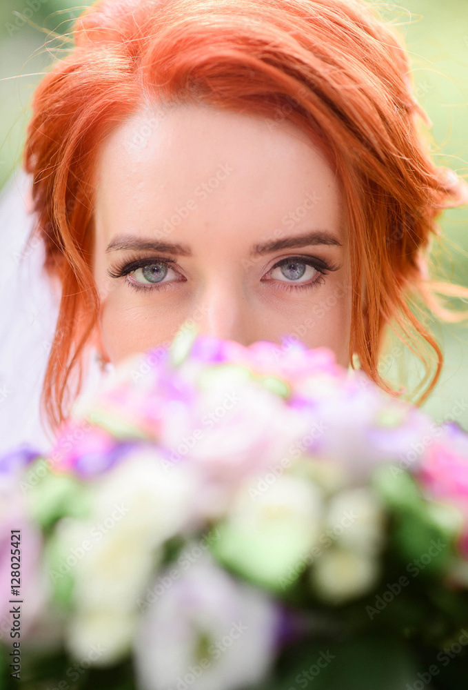 beautiful portrait of young bride with bouquet of flowers beautiful portrait of young bride with bouquet of flowers