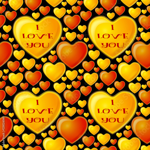 Valentine Holiday Colorful Seamless Pattern with Red and Gold Hearts on Black Background. Eps10, Contains Transparencies. Vector
