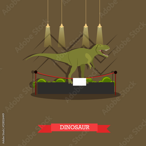 Vector illustration of stuffed tyrannosaurus in museum, flat style