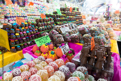 Chocolate and Sugar Skulls at Street Market During Day of the Dead Celebration in Mexico