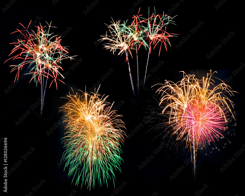 Fireworks light up the sky with dazzling display,Fireworks Celebration on black Background,Fireworks,Fireworks display celebration, Colourful fireworks