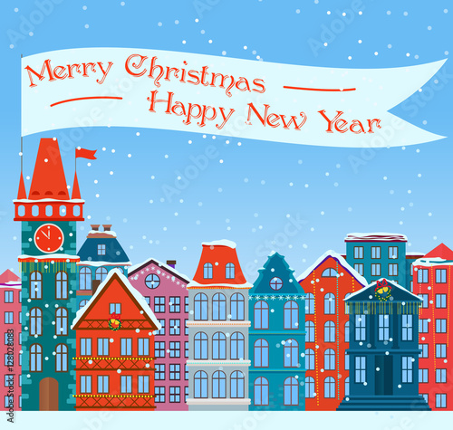 Christmas town illustration. Xmas snowy old willage. Cartoon buildings. Christmas background. City street at Winter. New Year greetings card.