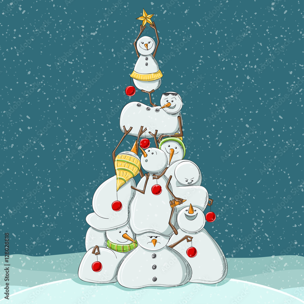 Fototapeta premium Group of snowmen forming a Christmas tree clambering on each other, decorated with baubles and star