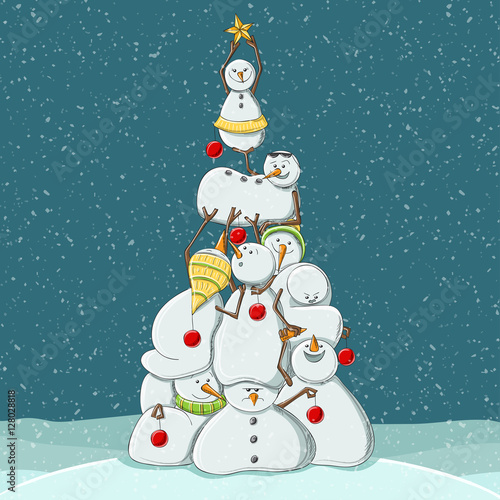 Group of snowmen forming a Christmas tree clambering on each other, decorated with baubles and star