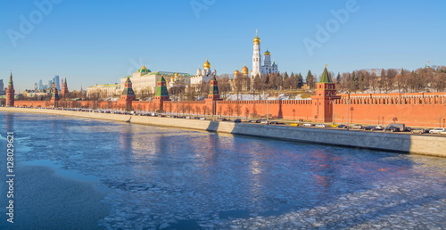 Kremlin Embankment and the view of the Kremlin in winter Moscow
