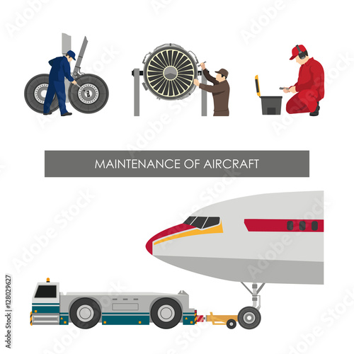 Repair and maintenance of aircraft. Set of images with engineers