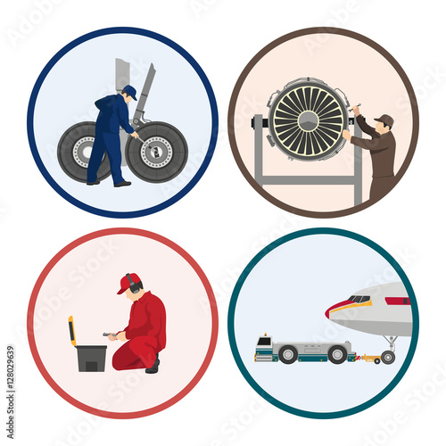 Repair and maintenance of aircraft. Set of images with engineers