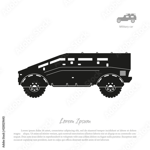 Black silhouette of military car on white background. War SUV in