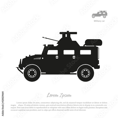 Black silhouette of military car on white background. War SUV in
