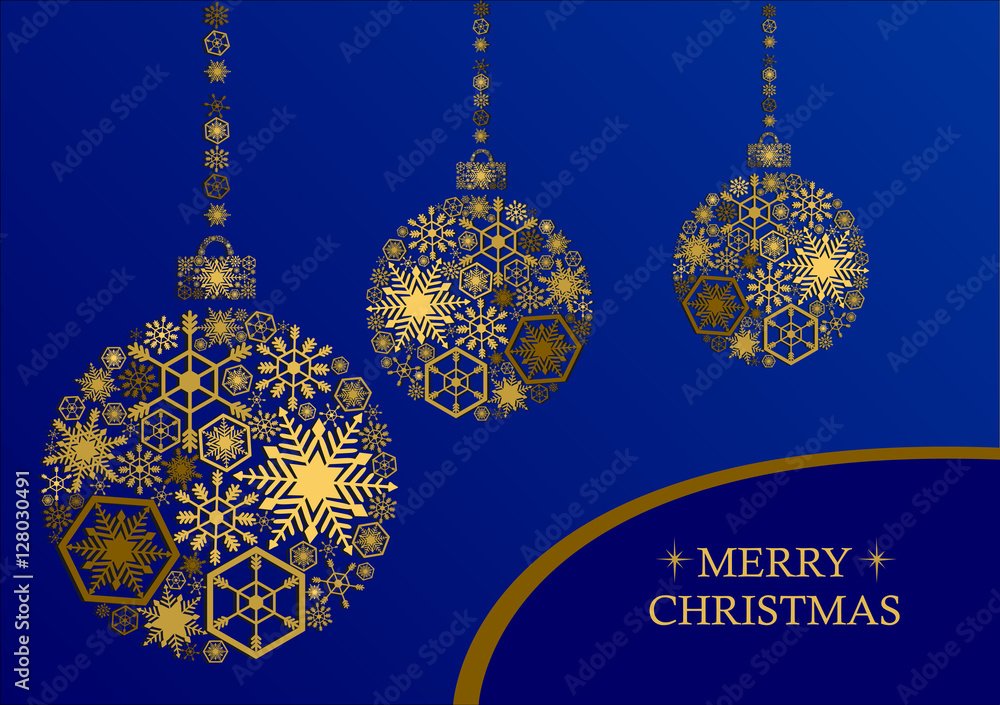 Golden christmas balls with snowflakes on a blue background. Hol
