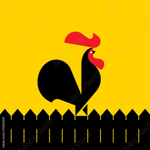 Black rooster on a fence. Modern flat vector illustration