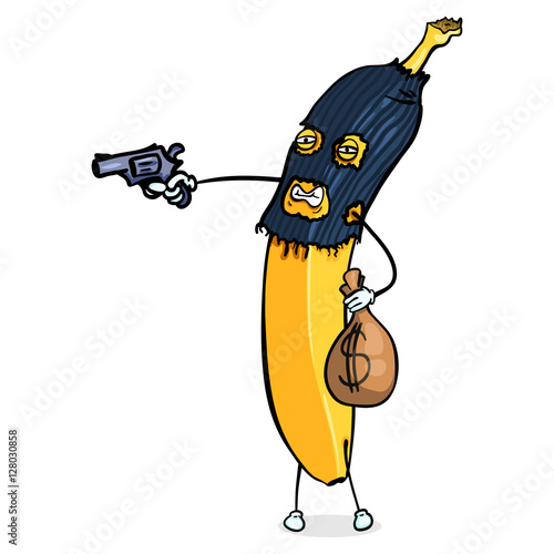 Vector Cartoon Character. Banana Rob the Bank with a Gun.