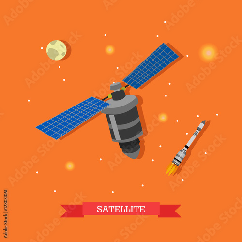 Vector illustration of artificial satellite, launched rocket and planet Earth