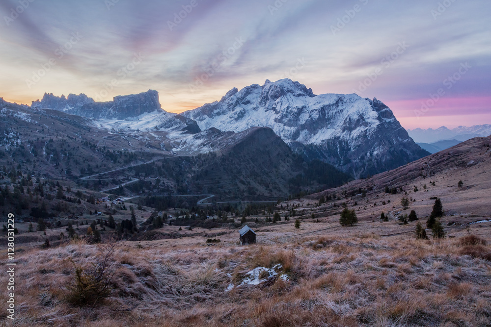 Colorful sunrise Selva di Cadore. Dolomite region of Italy